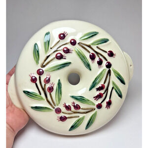 Round Ceramic Cookie Bread Pan Mold Olive Branch Leaves Berries Stoneware 9.25"